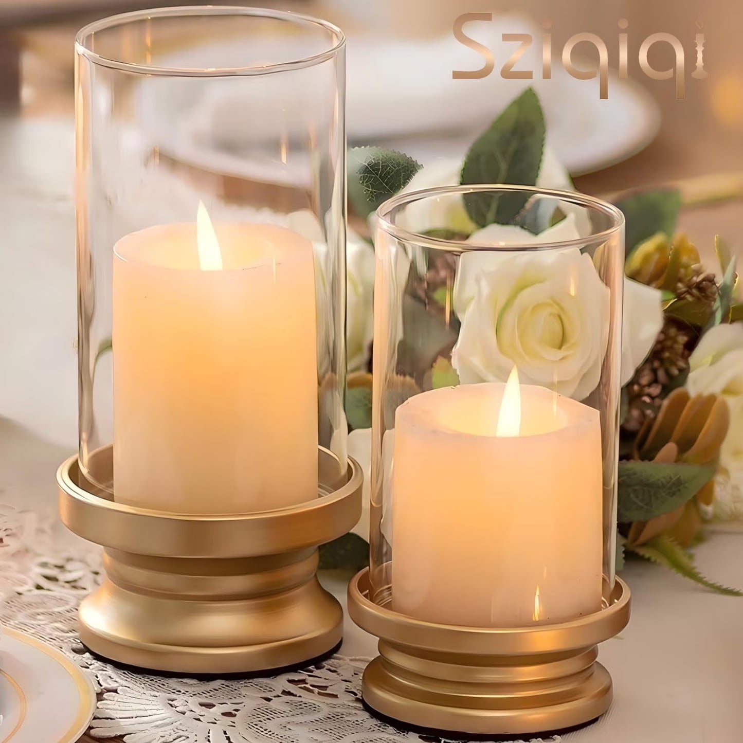 Gold Hurricane Candle Holder: Set of 2 Candle Holders for Pillar Candles with Clear Glass Sleeve - Decorative Metal Pillars Stands for Wedding Party Christmas Holiday Dining Table Centerpiece