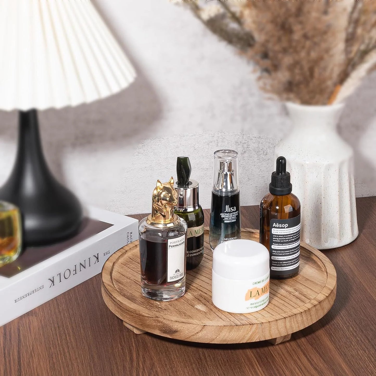 Round Decorative Tray Wood Bathroom Counter Organizer Farmhouse Kitchen Decor Wooden Riser for Soap Dish, Perfume, Candle, Sponge, 10" - Brown