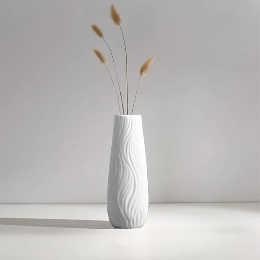 White Ceramic Vase, 8.4" H, Artistic Flower Vase Classic Style for Fireplace Bedroom Kitchen Living Room Office Desk, Fit for Holding Dried Flowers, Fresh Flowers, Artificial Flowers