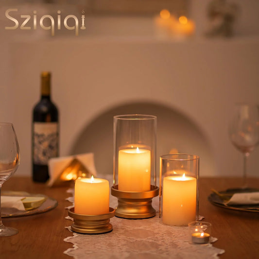 Gold Hurricane Candle Holder: Set of 2 Candle Holders for Pillar Candles with Clear Glass Sleeve - Decorative Metal Pillars Stands for Wedding Party Christmas Holiday Dining Table Centerpiece