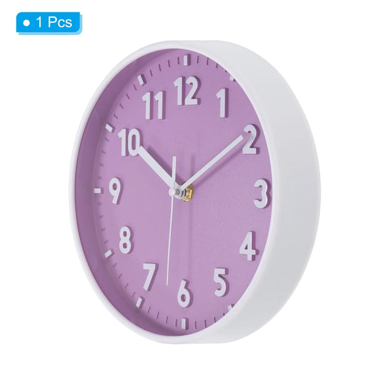 8 inch Plastic Wall Clock 3D Number Quartz Battery Operated Silent Non-Ticking Round Wall Clocks Purple