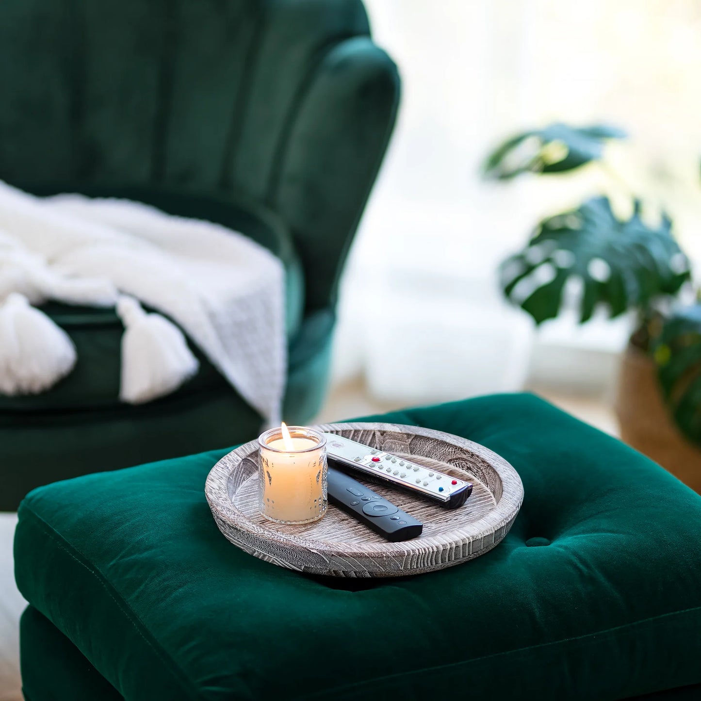 Rustic Candle Plate Holder Tray: Round Wooden Decorative Tray, Farmhouse Wood Pillar Candle Holder Trays Kitchen Counter Dining Table Centerpiece