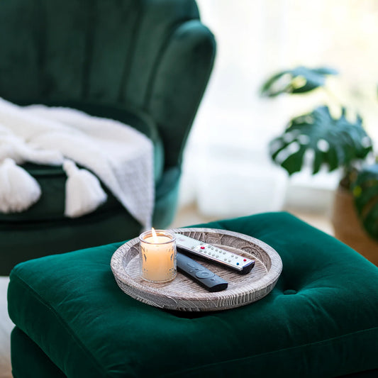 Rustic Candle Plate Holder Tray: Round Wooden Decorative Tray, Farmhouse Wood Pillar Candle Holder Trays Kitchen Counter Dining Table Centerpiece