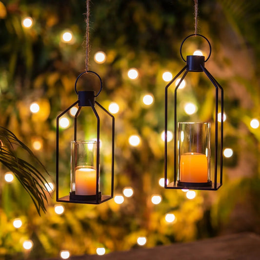 Decorative Pillar Candle Holders Set of 2 Glass Hurricane Candle Holder for Halloween Front Porch Fireplace Outdoor Decor Black