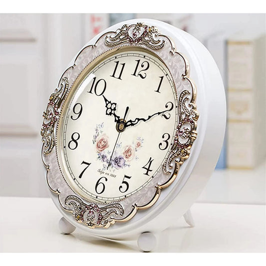 Vintage Wooden Table Clock, Retro Non-Ticking European Style Beside Mantle Desk Clock Battery Operated Silent Quartz Movement for Bedroom Living Room Indoor Decor