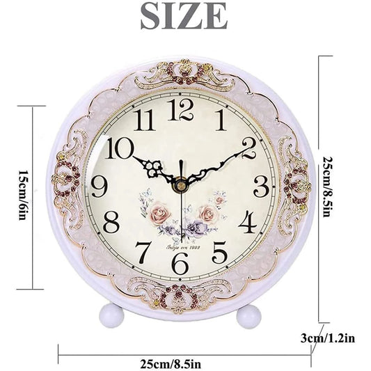 Vintage Wooden Table Clock, Retro Non-Ticking European Style Beside Mantle Desk Clock Battery Operated Silent Quartz Movement for Bedroom Living Room Indoor Decor