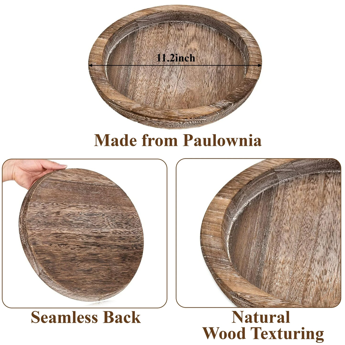 Round Wooden Serving Tray, 11.2 Inch Decorative Wood Tray, Rustic Coffee Table Tray for Decor, Candle Plates and Trays for Kitchen Counter Centerpiece, Elegant Farmhouse Style