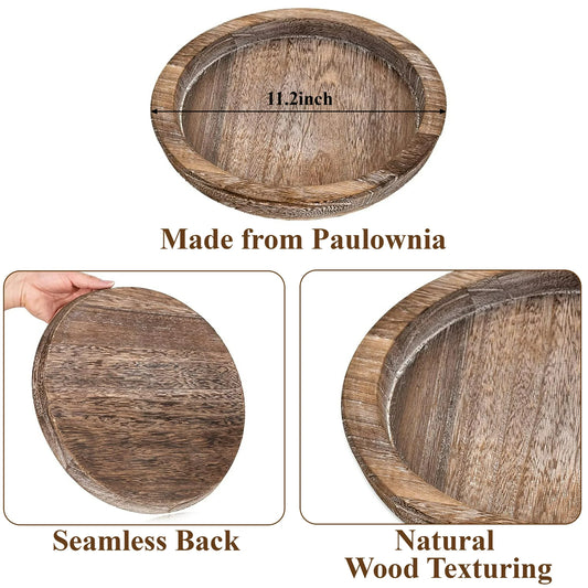 Round Wooden Serving Tray, 11.2 Inch Decorative Wood Tray, Rustic Coffee Table Tray for Decor, Candle Plates and Trays for Kitchen Counter Centerpiece, Elegant Farmhouse Style