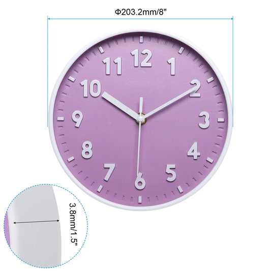 8 inch Plastic Wall Clock 3D Number Quartz Battery Operated Silent Non-Ticking Round Wall Clocks Purple