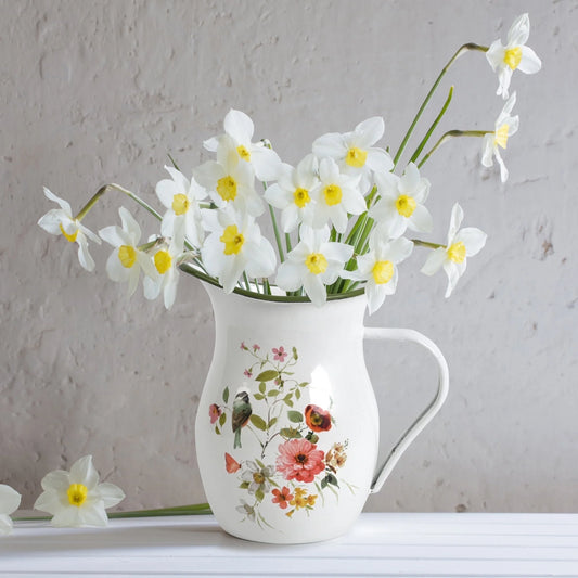 Enamel Pitcher 1.2 Qt, Vintage White Enamelware Water Pitcher Serving Beverage,Tea,Milk,Coffee,Decorative Flower Pitcher Vase for Kitchen Living Room Tabletop Decor