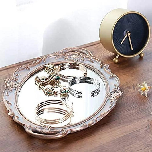 Decorative Mirror Tray, Vintage Oval Display Tray for Perfume, Makeup, Jewelry, Cosmetic Tray, Serving Tray for Dressing Room, Bedroom, Living Room,Grey Gold