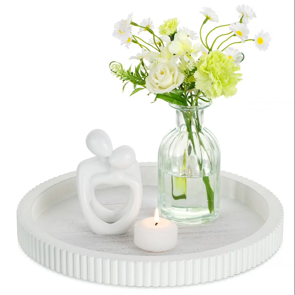 Round Decorative Tray for Coffee Table Decor: White Small Wooden Trays for Home Decor - 12"
