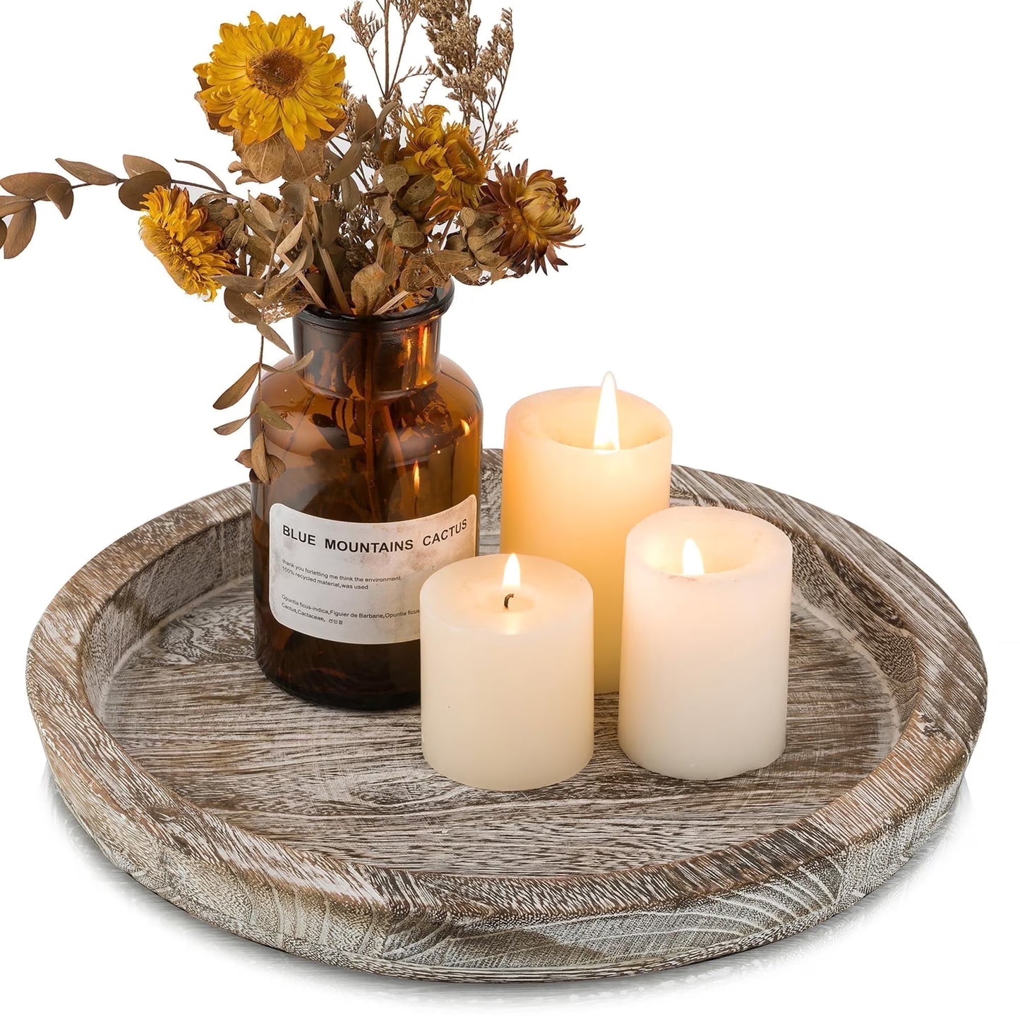 Rustic Candle Plate Holder Tray: Round Wooden Decorative Tray, Farmhouse Wood Pillar Candle Holder Trays Kitchen Counter Dining Table Centerpiece