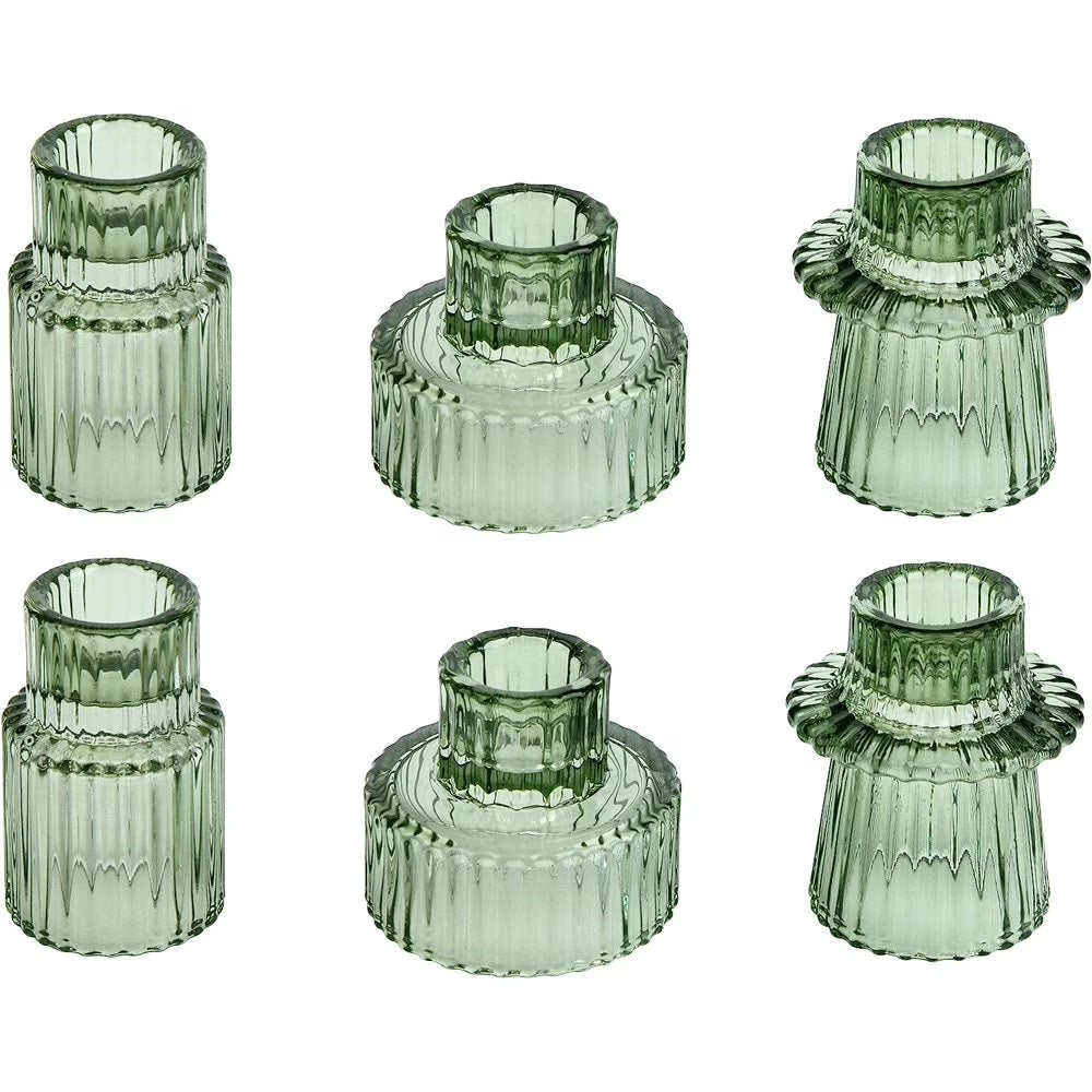 Set of 6 Taper Glass Candle Holders, Tealight Candlestick Holders for Table Centerpieces, Festival, Wedding Decor and Dinner Party (Green)