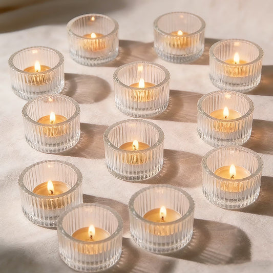 12Pcs Glass Tealight Candle Holder,Tea Candle Holders,Glass Votive Candle Holder for Table Centerpieces,Parties, Weddings and Home Deco,2.2 x 1.4 Inch
