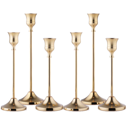 6 PCS Tapered Brass Vernacular Candle Holder, Metal Tapered Candle Holder, Vintage Decorative Candle Holder for Home Gatherings, Parties, Wedding Decorations