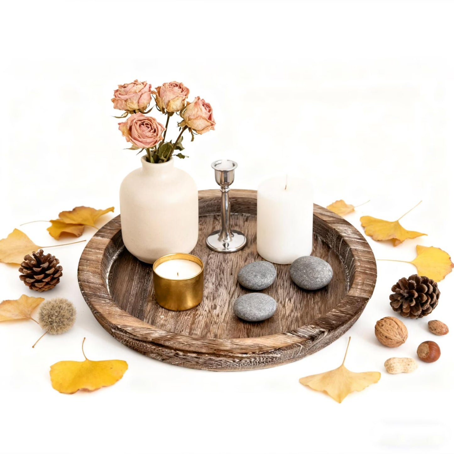 Round Wooden Serving Tray, 11.2 Inch Decorative Wood Tray, Rustic Coffee Table Tray for Decor, Candle Plates and Trays for Kitchen Counter Centerpiece, Elegant Farmhouse Style