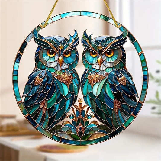 8" Two Owls Suncatcher for Window Hanging, Acrylic Sun Catcher for Home Garden Ornaments, Owls Gift for Christmas Family Friends Bird Lovers