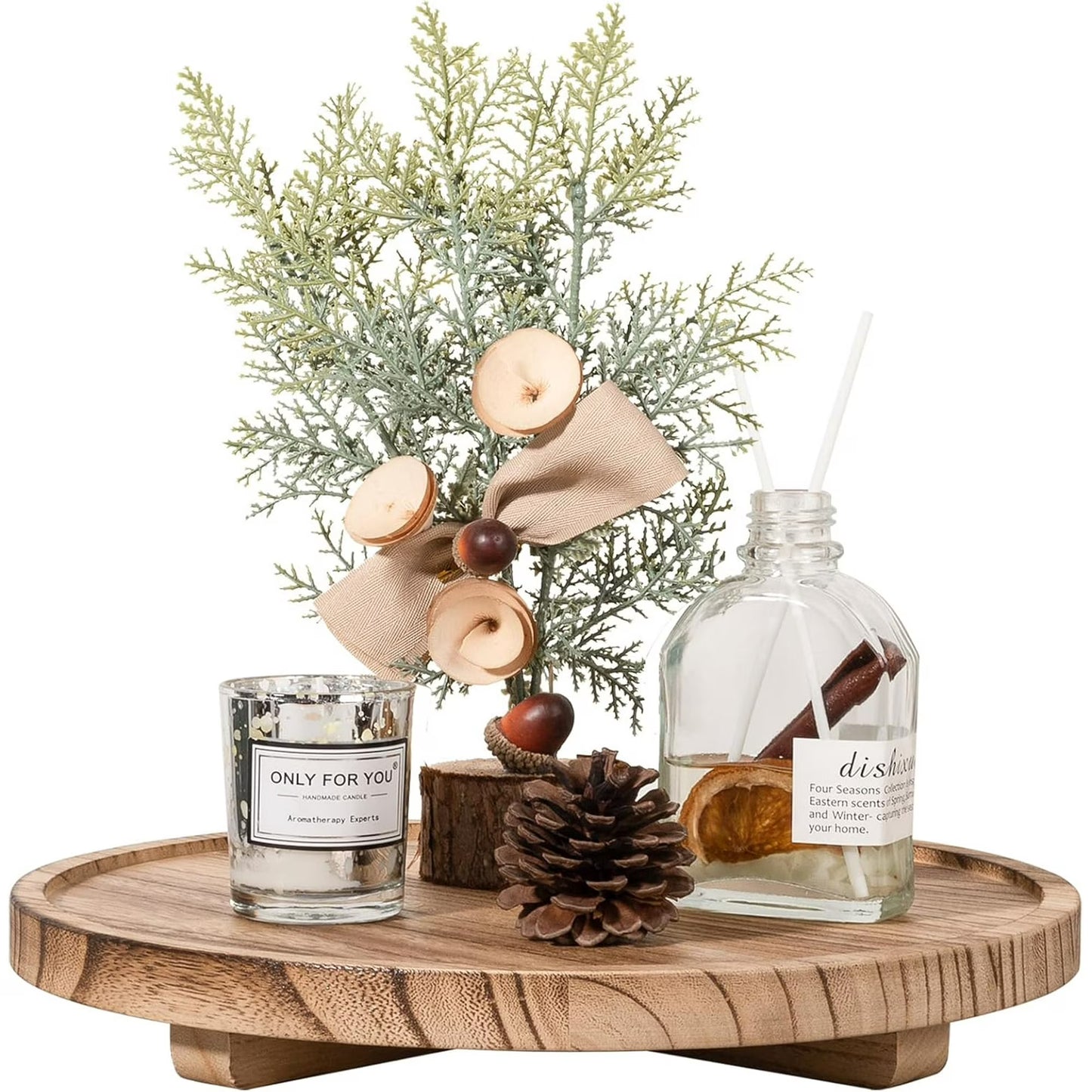 Wood Bathroom Vanity Tray Round, Decorative Tray Wooden Riser Kitchen Counter Decor, Bathroom Table Tray Countertop for Candle, Perfume, Plant, 10 Inch