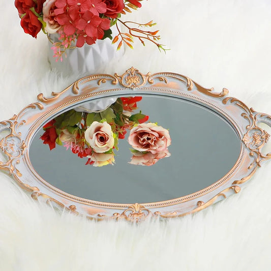 Decorative Mirror Tray, Vintage Oval Display Tray for Perfume, Makeup, Jewelry, Cosmetic Tray, Serving Tray for Dressing Room, Bedroom, Living Room,Grey Gold