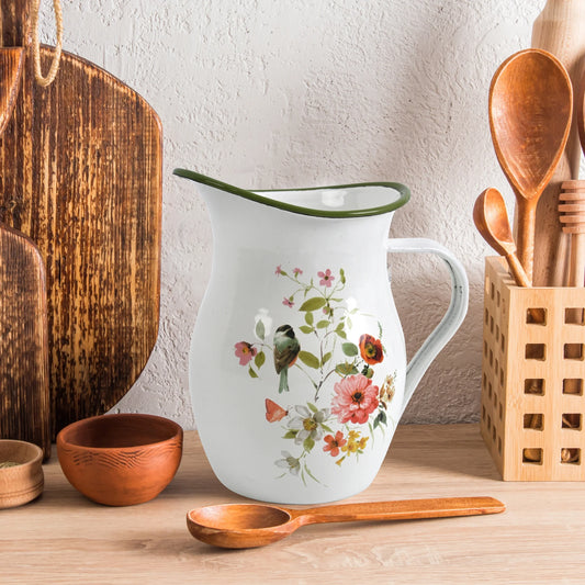 Enamel Pitcher 1.2 Qt, Vintage White Enamelware Water Pitcher Serving Beverage,Tea,Milk,Coffee,Decorative Flower Pitcher Vase for Kitchen Living Room Tabletop Decor