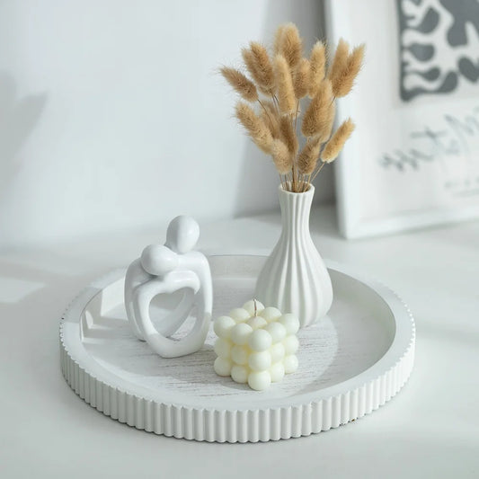 Round Decorative Tray for Coffee Table Decor: White Small Wooden Trays for Home Decor - 12"