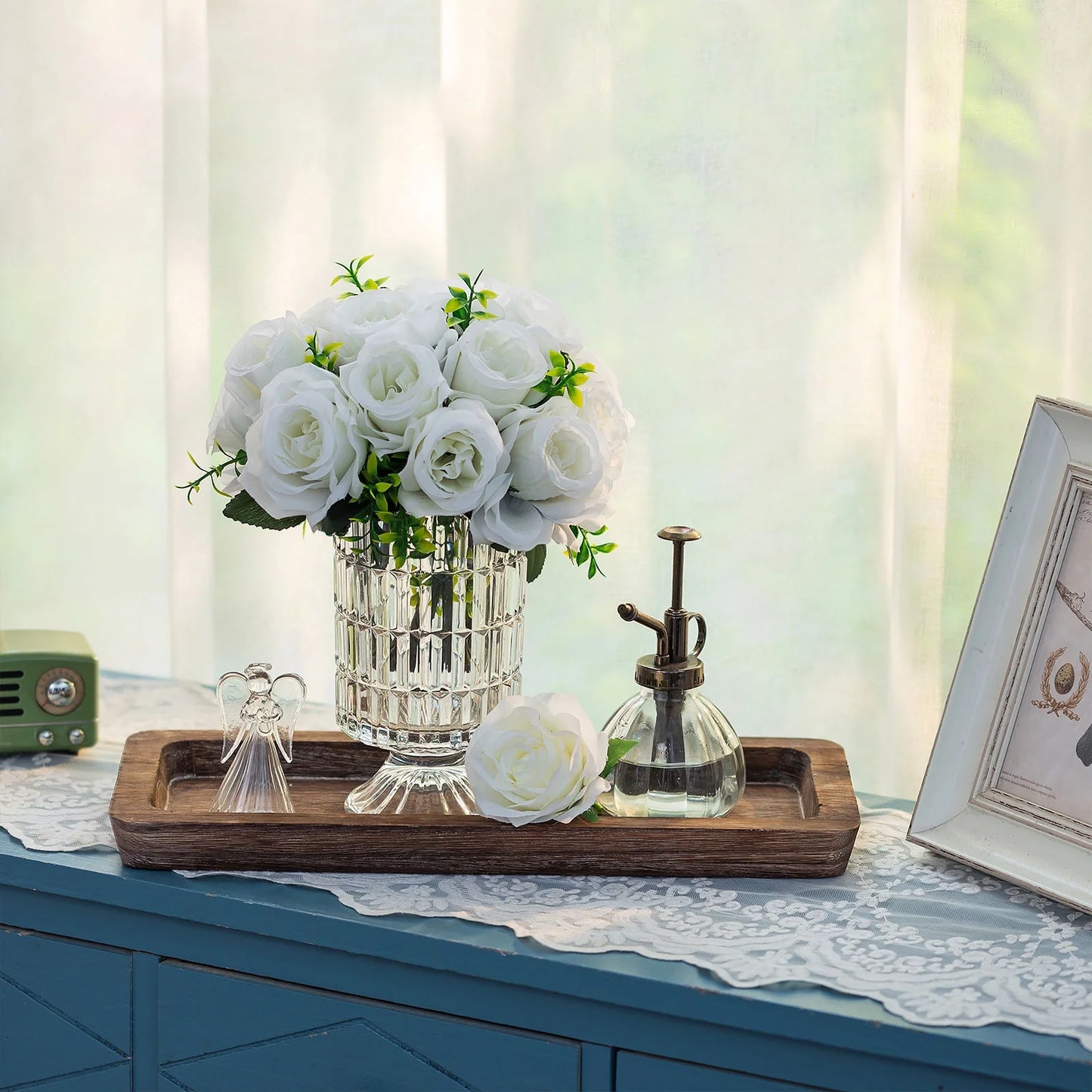 Decorative Tray Candle Tray Holder-Long Narrow Wooden Centerpiece Tray for Coffee Table